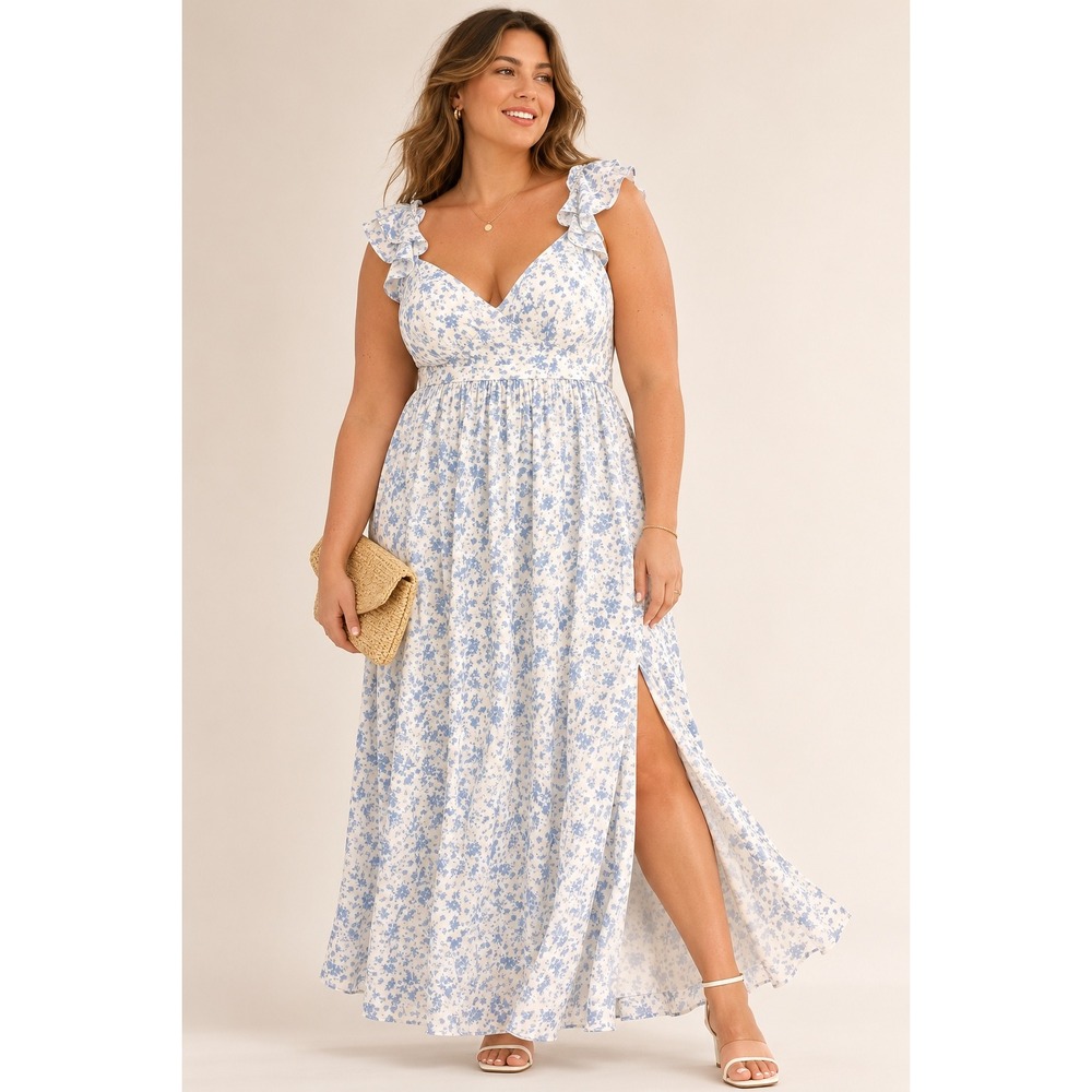 Azazie Nalin Blue White Ditsy Floral Ruffle Sleeve Bridesmaid Maxi Dress 20 New